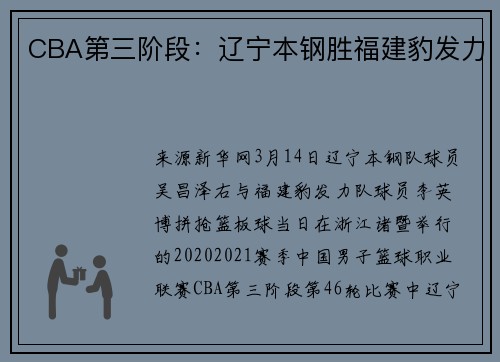 CBA第三阶段：辽宁本钢胜福建豹发力