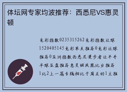 体坛网专家均波推荐：西悉尼VS惠灵顿